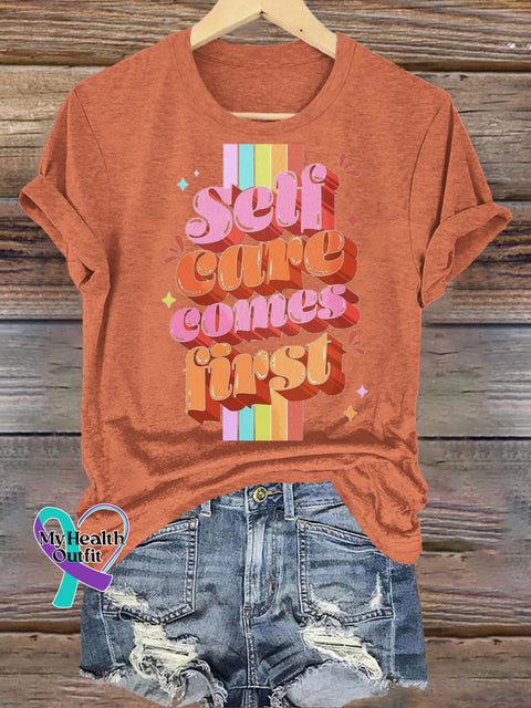 Self Cure Comes First Print Casual Crew Neck Short Sleeve T-Shirt Orange / S