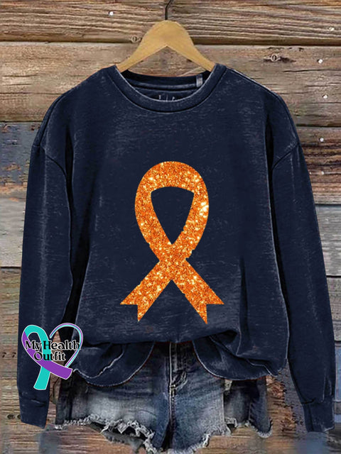 Self-Harm Awareness Orange Ribbon Art Print Pattern Casual Sweatshirt Navy / S