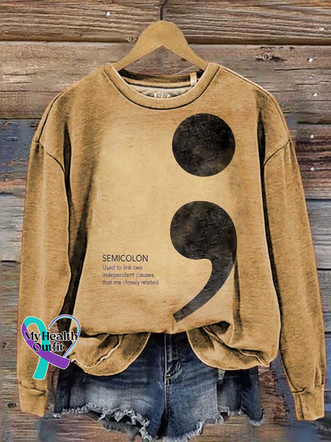 Semicolon Suicide Awareness Art Print Casual Sweatshirt Khaki / S