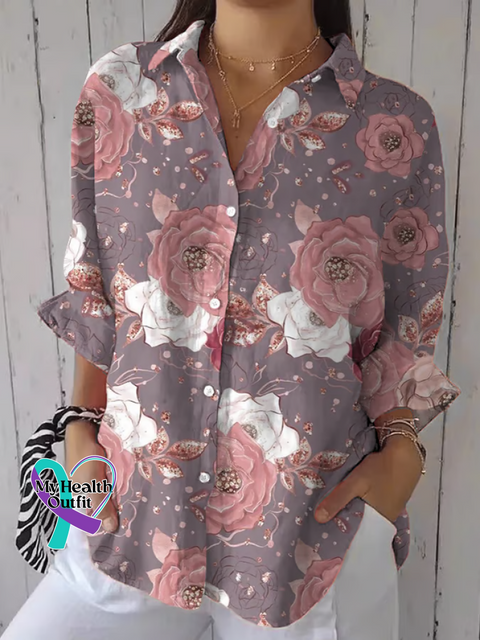 Shirt Collar Three Quarter Sleeve Floral Printing Regular Loose Button Up Shirt Shirt For Women Purple / S(4-8)