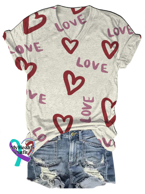 Simple Love Love Printed V-Neck Casual Short Sleeve T-Shirt Multicolor / S