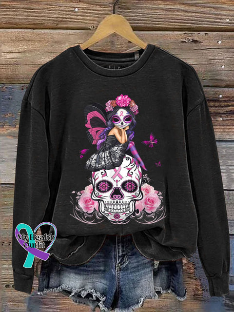 Skull Breast Cancer Awareness Print Casual Sweatshirt Black / S