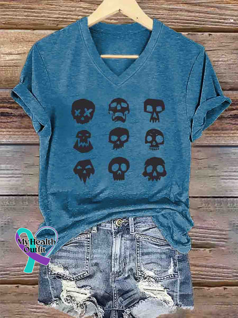 Skull Collection V-neck Casual T-Shirt Blue / S