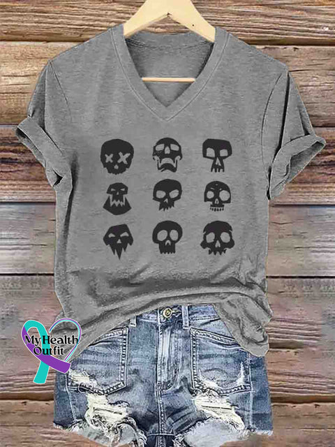 Skull Collection V-neck Casual T-Shirt Gray / S