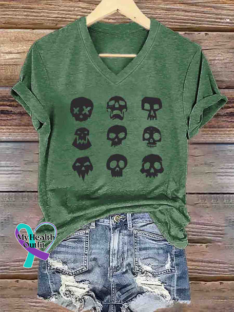 Skull Collection V-neck Casual T-Shirt Green / S