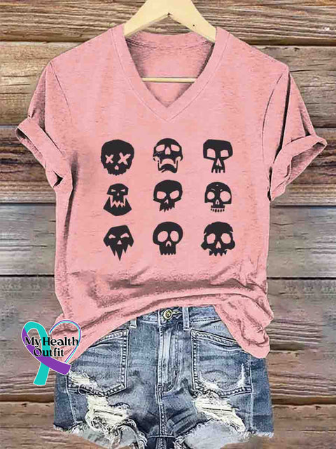 Skull Collection V-neck Casual T-Shirt Pink / S