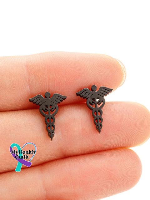 Snake Wings Medical Symbol Nurse Doctor Stainless Steel Earrings Black / One Size