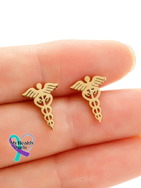Snake Wings Medical Symbol Nurse Doctor Stainless Steel Earrings Gold / One Size