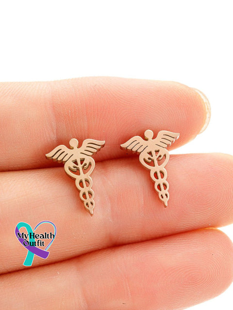 Snake Wings Medical Symbol Nurse Doctor Stainless Steel Earrings Rose Gold / One Size
