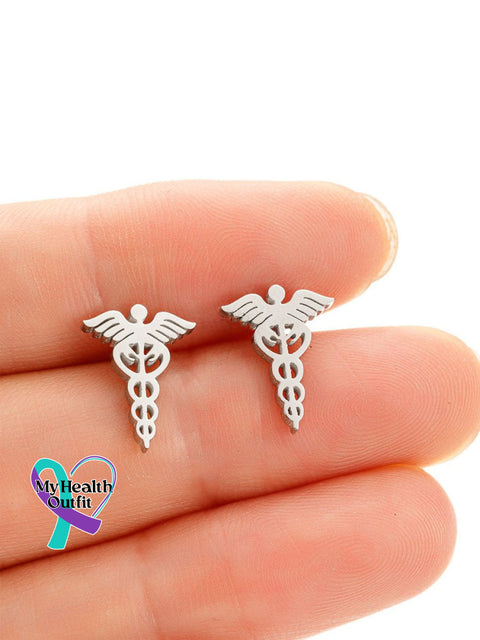 Snake Wings Medical Symbol Nurse Doctor Stainless Steel Earrings Silver / One Size