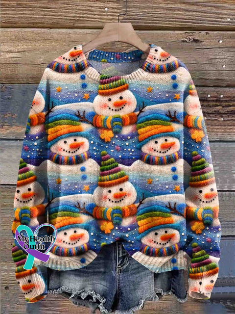 Snowman Christmas Art Print Knit Pullover Sweater Multicolor / S