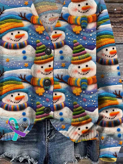 Snowman Snowflake Christmas Print Buttoned V-Neck Cardigan Sweater