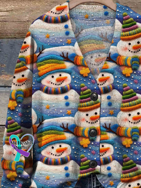 Snowman Snowflake Christmas Print Buttoned V-Neck Cardigan Sweater