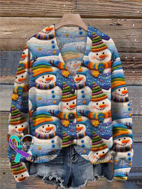 Snowman Snowflake Christmas Print Buttoned V-Neck Cardigan Sweater Multicolor / S