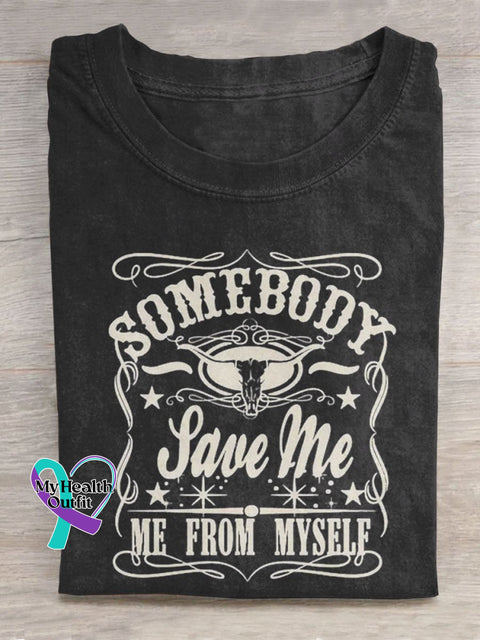 Somebody Save Me Bull Skull Art Print Casual T-Shirt Black / S