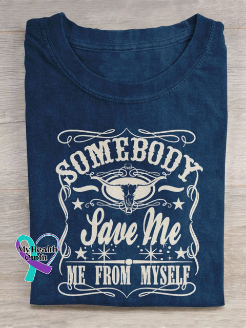 Somebody Save Me Bull Skull Art Print Casual T-Shirt Blue / S