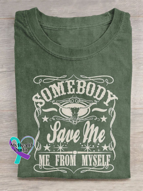 Somebody Save Me Bull Skull Art Print Casual T-Shirt Green / S