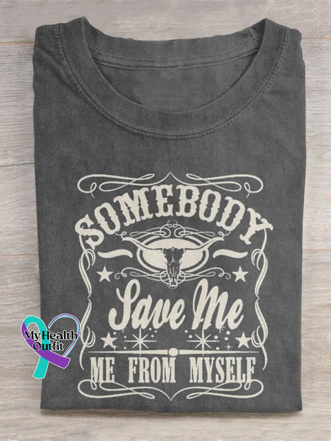 Somebody Save Me Bull Skull Art Print Casual T-Shirt Grey / S