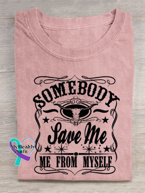 Somebody Save Me Bull Skull Art Print Casual T-Shirt Pink / S
