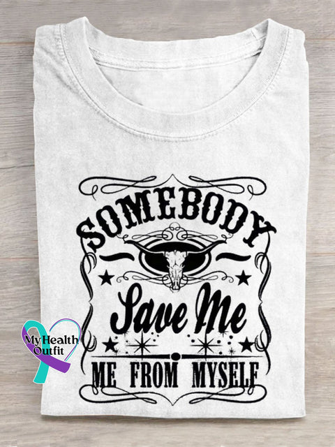 Somebody Save Me Bull Skull Art Print Casual T-Shirt White / S