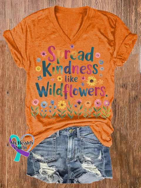 Spread Kindness Like Wildflower s Printed Casual V-Neck Short Sleeve T-Shirt Orange / S