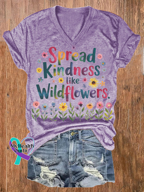 Spread Kindness Like Wildflower s Printed Casual V-Neck Short Sleeve T-Shirt Purple / S