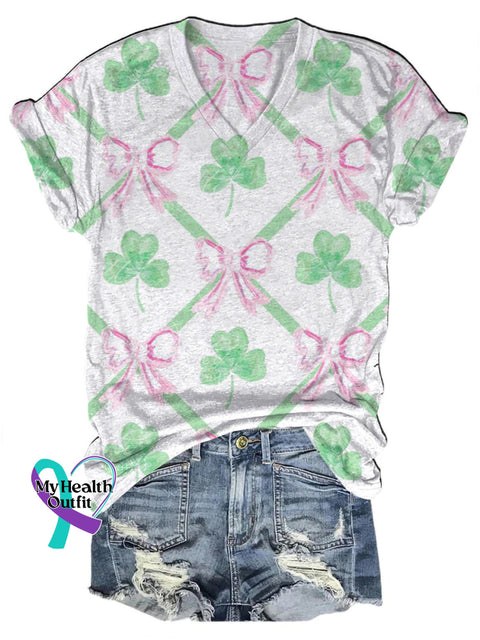 St. Patrick’s Day Lucky Shamrock Bow V-Neck Casual Short Sleeve T-Shirt Multicolor / S