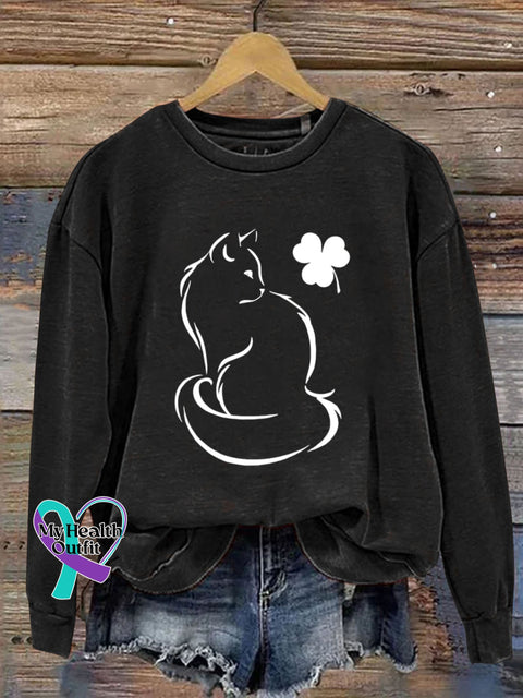 St. Patrick’s Day Shamrock Cat Art Design Print Casual Sweatshirt Black / S
