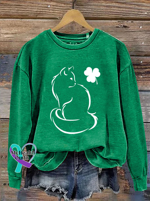 St. Patrick’s Day Shamrock Cat Art Design Print Casual Sweatshirt Christmas Green / S