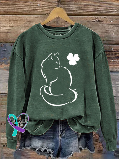 St. Patrick’s Day Shamrock Cat Art Design Print Casual Sweatshirt Green / S