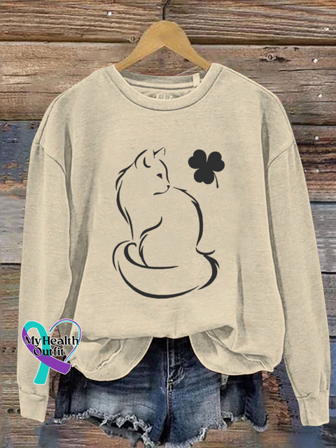 St. Patrick’s Day Shamrock Cat Art Design Print Casual Sweatshirt Sand / S