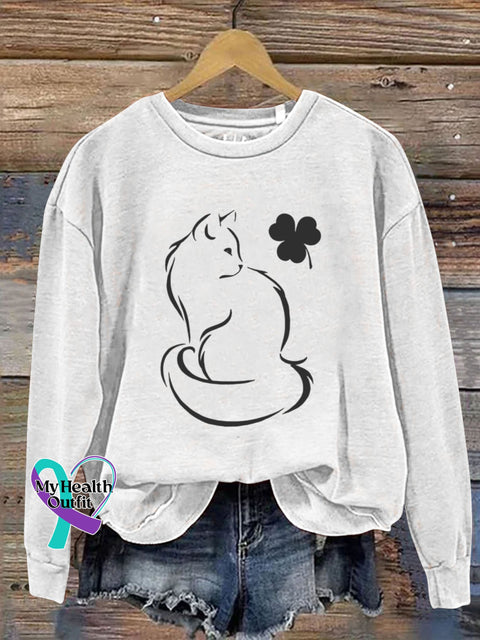 St. Patrick’s Day Shamrock Cat Art Design Print Casual Sweatshirt White / S