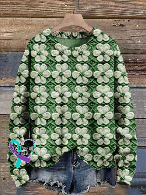 St. Patrick’s Day Shamrock Four Leaf Clover Art Print Knit Pullover Sweater Green / S