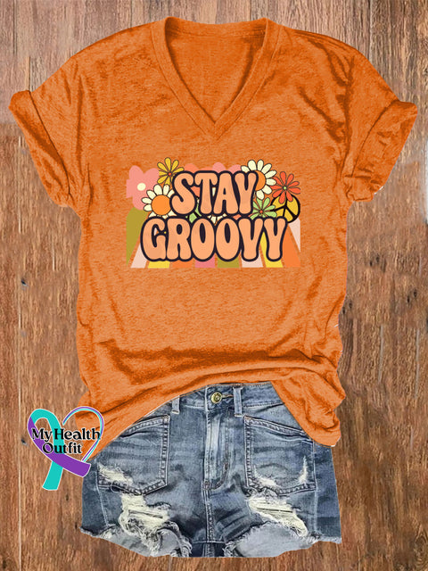 Stay Groovy Printed Casual V-Neck Short Sleeve T-Shirt Orange / S