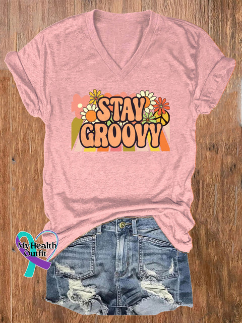 Stay Groovy Printed Casual V-Neck Short Sleeve T-Shirt Pink / S