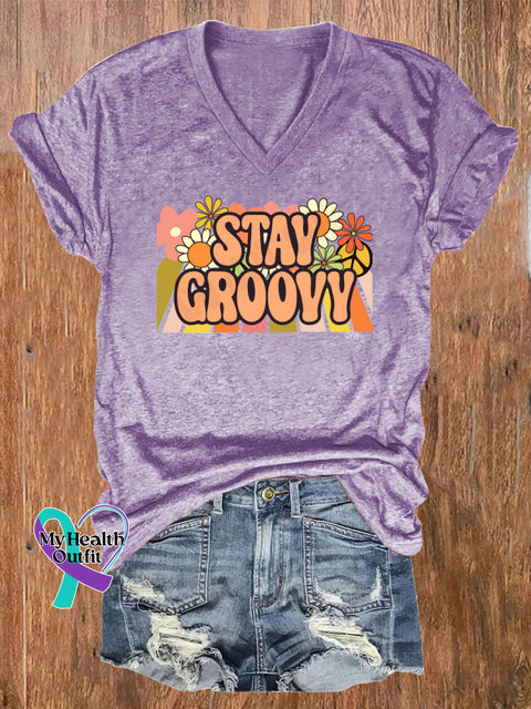 Stay Groovy Printed Casual V-Neck Short Sleeve T-Shirt Purple / S