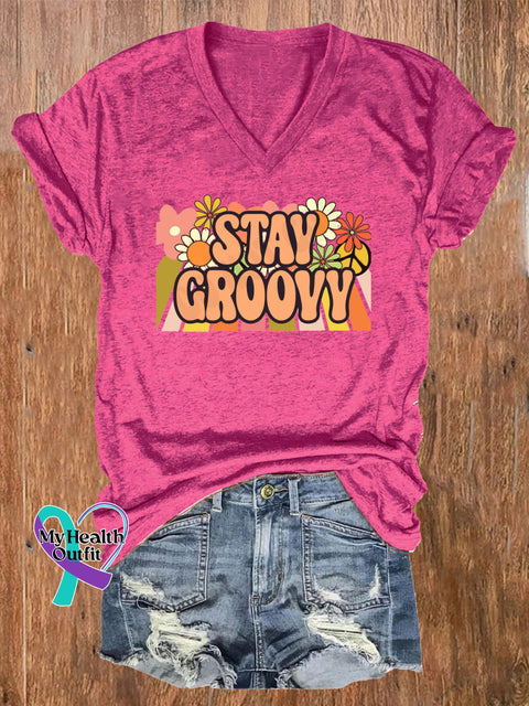 Stay Groovy Printed Casual V-Neck Short Sleeve T-Shirt RoseRed / S