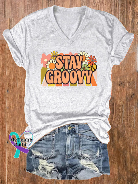 Stay Groovy Printed Casual V-Neck Short Sleeve T-Shirt White / S