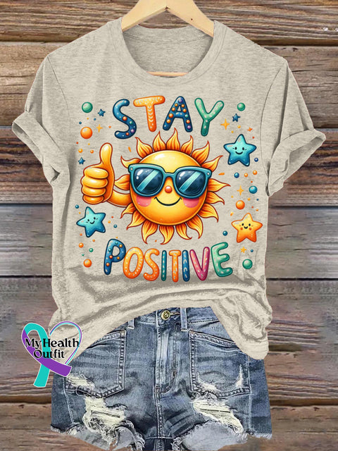 Stay Positive Sun Print Casual Crew Neck Short Sleeve T-Shirt Beige / S