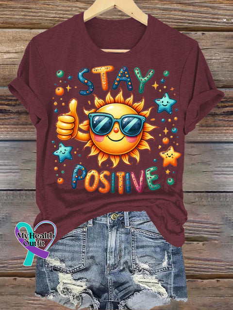 Stay Positive Sun Print Casual Crew Neck Short Sleeve T-Shirt Brown / S