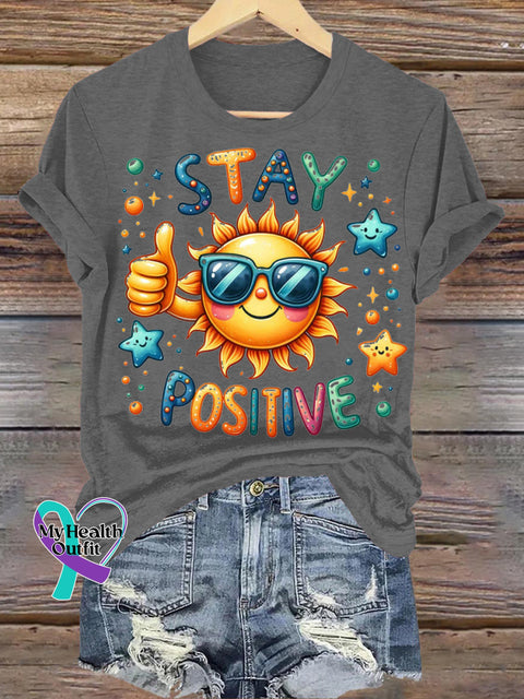 Stay Positive Sun Print Casual Crew Neck Short Sleeve T-Shirt Grey / S