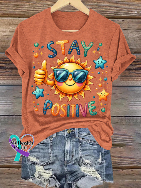 Stay Positive Sun Print Casual Crew Neck Short Sleeve T-Shirt Orange / S