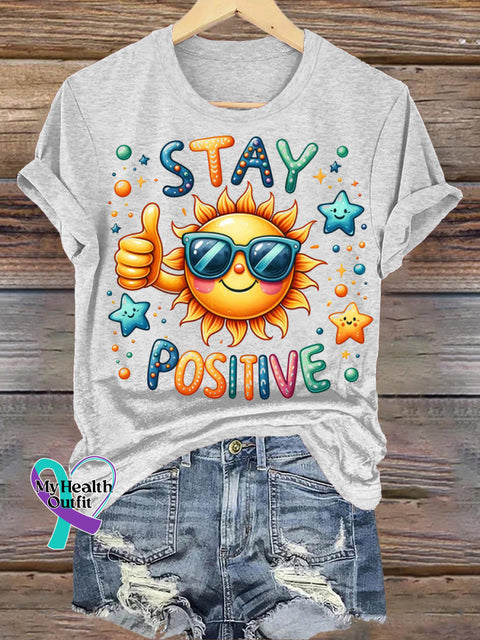 Stay Positive Sun Print Casual Crew Neck Short Sleeve T-Shirt White / S