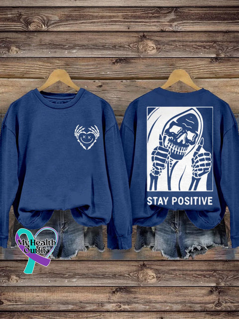 Stay Positive With Skeleton Mental Health Casual Print Sweatshirt Blue / S