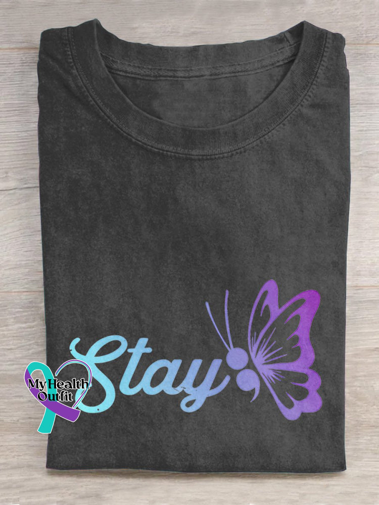 Stay Suicide Prevention Awareness Butterfly Tie-Dye Background Casual Print T-Shirt Black / S