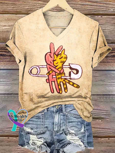 Stay Together Forever Art V neck Casual T Shirt Khaki / S