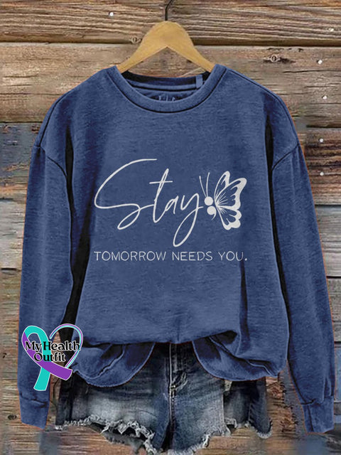 Stay Tomorrow Need You Pattern Print Casual Sweatshirt Blue / S