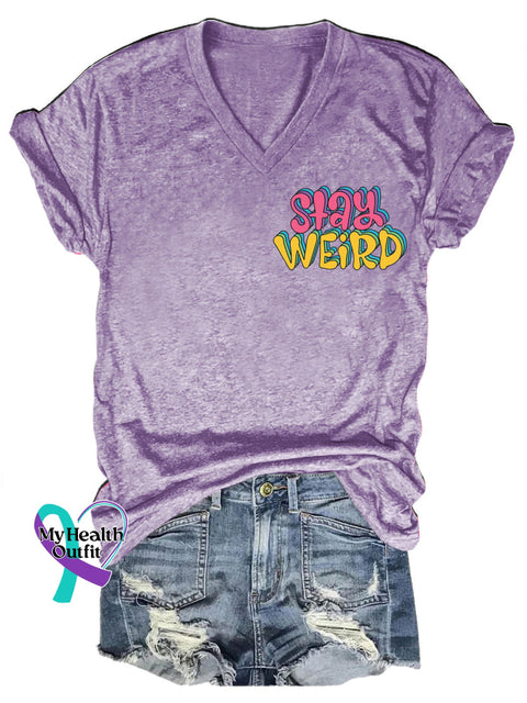 Stay Weird Printed Casual V-Neck Short Sleeve T-Shirt Purple / S