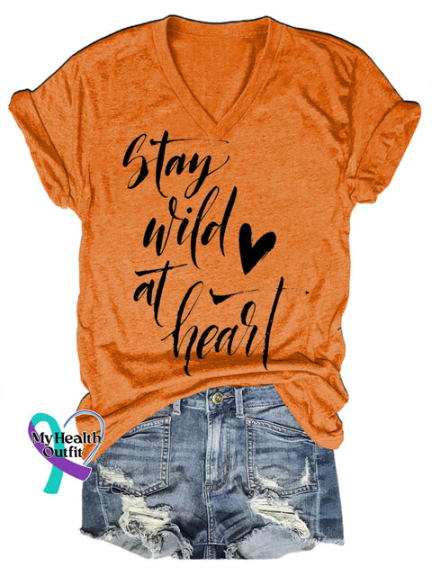 Stay Wild At Heart Casual V-Neck Short Sleeve T-Shirt Orange / S