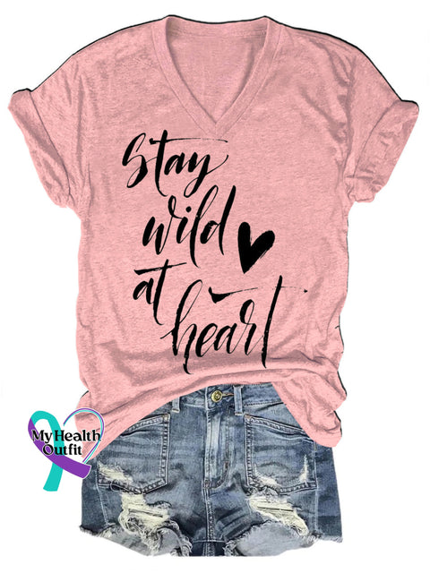 Stay Wild At Heart Casual V-Neck Short Sleeve T-Shirt Pink / S